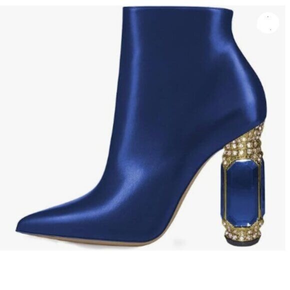 FSJ Blue Pointed Toe Crystal Chunky Block High Heel Ankle Boots Zipper Shoes - Picture 1 of 8